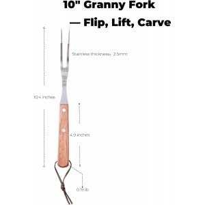 Granny Fork 10 Inch, 2-Tine Cooking Meat Fork – 2.5mm Thick 420 Stainless Steel with Wood Handle, Easy-Grip Carving/Turning/Lifting Tool for Cast Iron Skillet & Roasting Pan, Home Cooks & Seniors