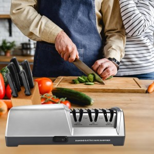 Electric Knife Sharpener 3 Stage, With 100% Diamond Abrasives and 15° Precision Angle Guides, Knife Sharpener Electric for all Kitchen Knives, Super Quiet Sharpenning and Polishing, Silver