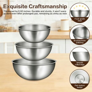3-Piece Stainless Steel Mixing Bowls Set, 1.45, 2.22 & 3.38 Qt with Measurement Marks, Food Grade 304, Dishwasher Safe & Stackable for Baking, Tossing Salads, and Meal Prep for Your Kitchen