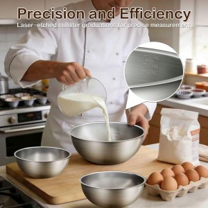 3-Piece Stainless Steel Mixing Bowls Set, 1.45, 2.22 & 3.38 Qt with Measurement Marks, Food Grade 304, Dishwasher Safe & Stackable for Baking, Tossing Salads, and Meal Prep for Your Kitchen