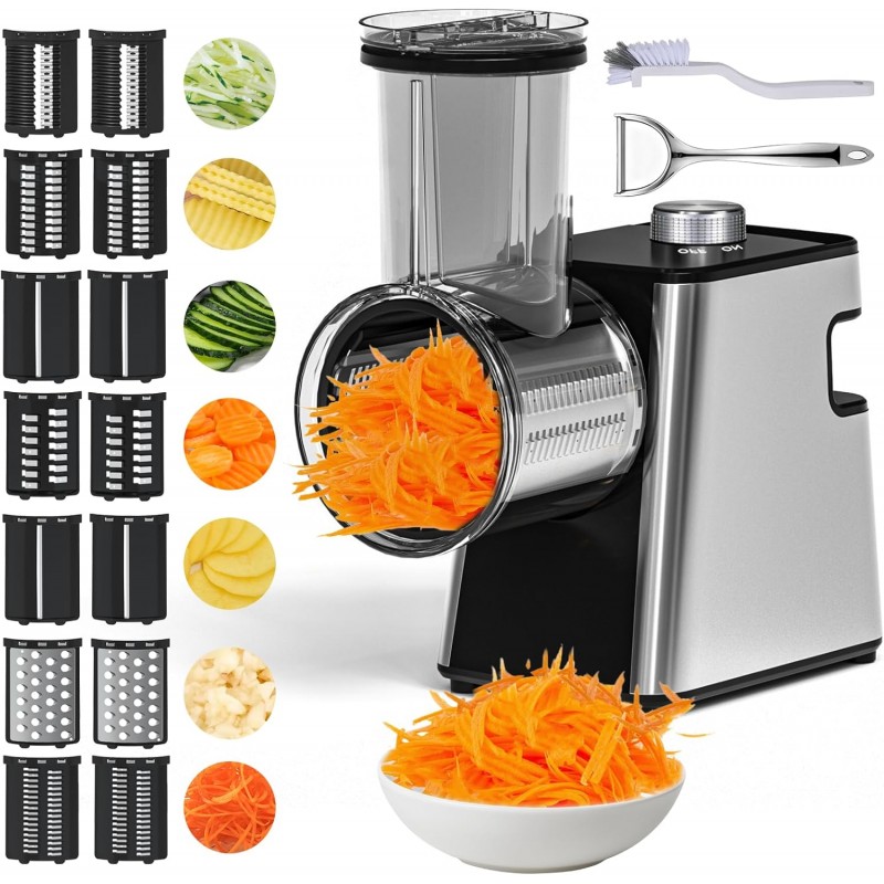 7 in 1 Electric Cheese Grater, 300W Cheese Grater for Block Cheese with 14 Blades, Y Peeler and Brush, Kitchen Automatic Cheese Shredder Electric for Vegetables, Fruits, and Salad