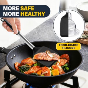 2 Pack Silicone Spatula Set, Solid & Slotted Turner for Non-Stick Pans, High Heat Resistant Silicone Spatula for Cooking, BPA-Free Stainless Steel Cooking Utensils for Fish, Eggs, Pancakes, Black