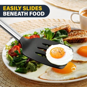 2 Pack Silicone Spatula Set, Solid & Slotted Turner for Non-Stick Pans, High Heat Resistant Silicone Spatula for Cooking, BPA-Free Stainless Steel Cooking Utensils for Fish, Eggs, Pancakes, Black