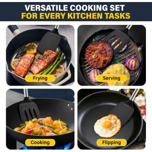 2 Pack Silicone Spatula Set, Solid & Slotted Turner for Non-Stick Pans, High Heat Resistant Silicone Spatula for Cooking, BPA-Free Stainless Steel Cooking Utensils for Fish, Eggs, Pancakes, Black