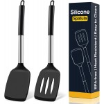 2 Pack Silicone Spatula Set, Solid & Slotted Turner for Non-Stick Pans, High Heat Resistant Silicone Spatula for Cooking, BPA-Free Stainless Steel Cooking Utensils for Fish, Eggs, Pancakes, Black