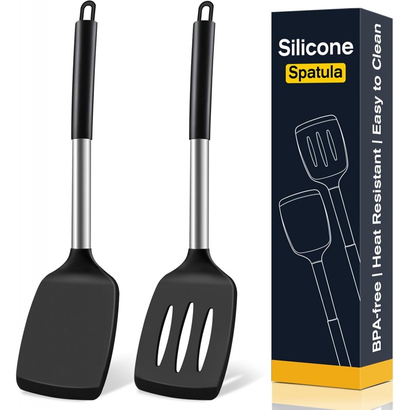 2 Pack Silicone Spatula Set, Solid & Slotted Turner for Non-Stick Pans, High Heat Resistant Silicone Spatula for Cooking, BPA-Free Stainless Steel Cooking Utensils for Fish, Eggs, Pancakes, Black