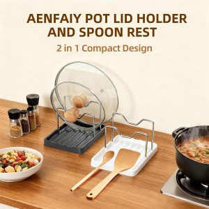 2 in 1 Pot Lid Holder & Spoon Rest for Kitchen Counter, Plastic Utensil Rest with Stainless Steel Pan Lid Holder Organizer While Cooking, Countertop Space Saving Pot Cover Rack | Easy to Clean