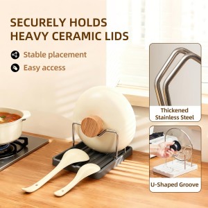 2 in 1 Pot Lid Holder & Spoon Rest for Kitchen Counter, Plastic Utensil Rest with Stainless Steel Pan Lid Holder Organizer While Cooking, Countertop Space Saving Pot Cover Rack | Easy to Clean
