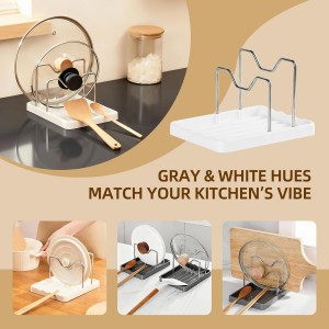 2 in 1 Pot Lid Holder & Spoon Rest for Kitchen Counter, Plastic Utensil Rest with Stainless Steel Pan Lid Holder Organizer While Cooking, Countertop Space Saving Pot Cover Rack | Easy to Clean