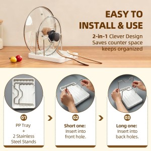 2 in 1 Pot Lid Holder & Spoon Rest for Kitchen Counter, Plastic Utensil Rest with Stainless Steel Pan Lid Holder Organizer While Cooking, Countertop Space Saving Pot Cover Rack | Easy to Clean