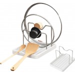 2 in 1 Pot Lid Holder & Spoon Rest for Kitchen Counter, Plastic Utensil Rest with Stainless Steel Pan Lid Holder Organizer While Cooking, Countertop Space Saving Pot Cover Rack | Easy to Clean