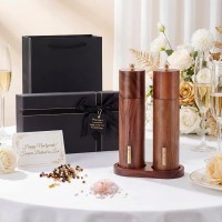 8 Inch Wooden Salt and Pepper Grinder Set with Tray & Gift Box for Wedding Housewarming Kitchen Gift Manual Salt and Peppercorn Mill Adjustable Coarse Ceramic Grinders Natural Acacia Wood