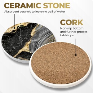 Luxury Black & Gold Marble Ceramic Coasters - Set of 4 with Black Metal Holder - Premium Round Drink Coasters for Coffee, Tea, Whiskey, Wine - Stylish Home & Kitchen Decor