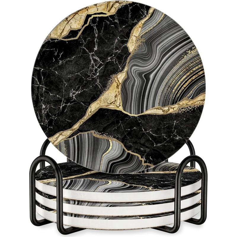 Luxury Black & Gold Marble Ceramic Coasters - Set of 4 with Black Metal Holder - Premium Round Drink Coasters for Coffee, Tea, Whiskey, Wine - Stylish Home & Kitchen Decor