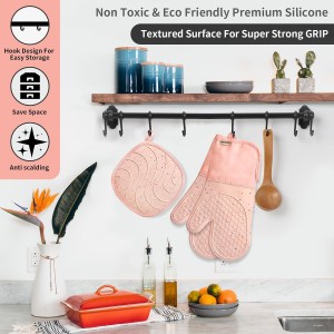 Pink Oven Mits, Heat Resistant, Non-Slip Grip Pattern, Baking Gloves for Oven, Kitchen Pot Holders,1 Pair