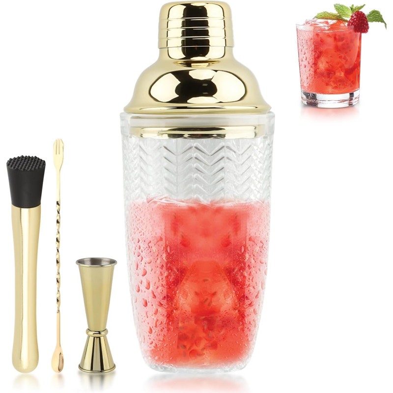 Glass Cocktail Shaker Set, Glass Bartender Kit with Measuring Jigger, Mixing Spoon, and Muddle, Premium Bar Tool Set for Crafting Martinis & Whiskey Cocktails Home Bar Accessories