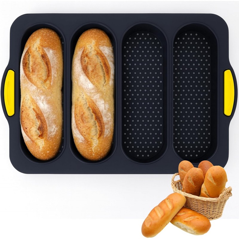 Silicone Baguette Bread Pan Loaf Mold – Sub Bread Roll Pans French Sourdough Mould 4 Slot Non-Stick Sandwich Homemade for Hoagie Restaurant Household Breakfast Dinner Baking, Hot Dog Bun Loaf Food