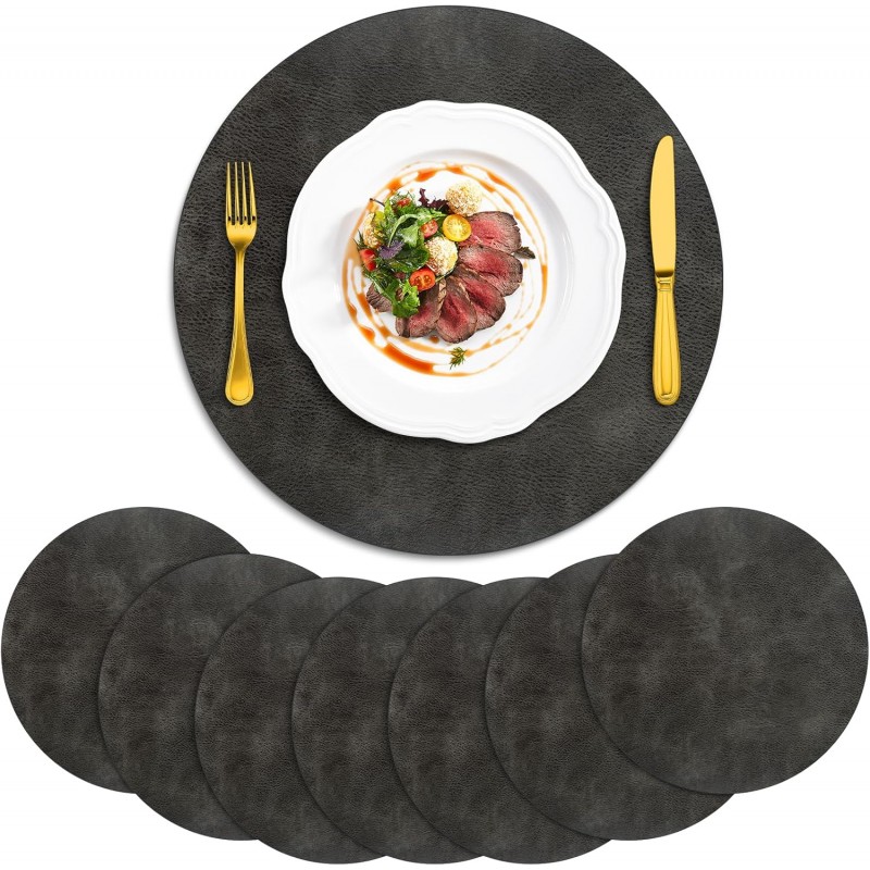 ADRIMER Placemats, Heat Resistant Round Placemats Set of 8 Washable, Waterproof Table Mats, Wipeable Faux Leather Place Mats for Kitchen, Dining Room, Dark Grey