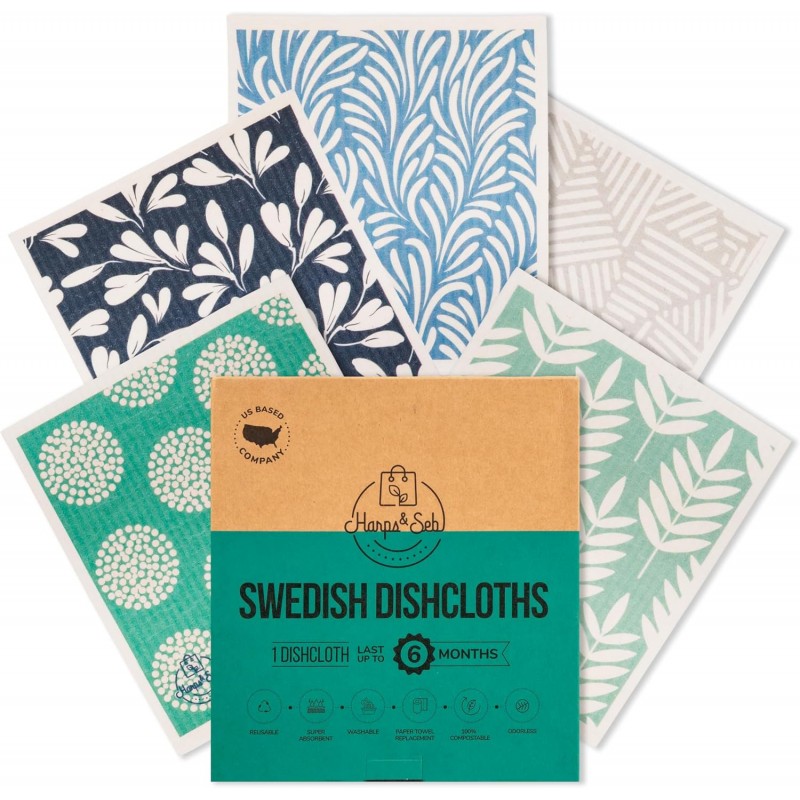 Harps&Seb Swedish Dishcloths for Kitchen Dish Towels - 5 Pack, Non-Scratch Reusable Paper Towels, Super Absorbent Washable Swedish Dish Cloths, No Odor, Biodegradable, Blue Design