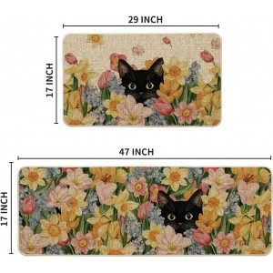 Artoid Mode Black Cat Floral Flowers Spring Kitchen Mats Set of 2, Home Decor Low-Profile Kitchen Rugs for Floor - 17x29 and 17x47 Inch