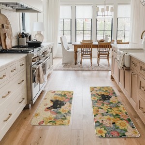 Artoid Mode Black Cat Floral Flowers Spring Kitchen Mats Set of 2, Home Decor Low-Profile Kitchen Rugs for Floor - 17x29 and 17x47 Inch