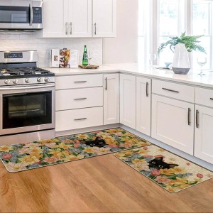 Artoid Mode Black Cat Floral Flowers Spring Kitchen Mats Set of 2, Home Decor Low-Profile Kitchen Rugs for Floor - 17x29 and 17x47 Inch