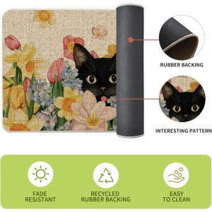 Artoid Mode Black Cat Floral Flowers Spring Kitchen Mats Set of 2, Home Decor Low-Profile Kitchen Rugs for Floor - 17x29 and 17x47 Inch