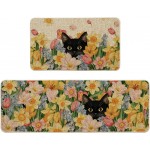 Artoid Mode Black Cat Floral Flowers Spring Kitchen Mats Set of 2, Home Decor Low-Profile Kitchen Rugs for Floor - 17x29 and 17x47 Inch
