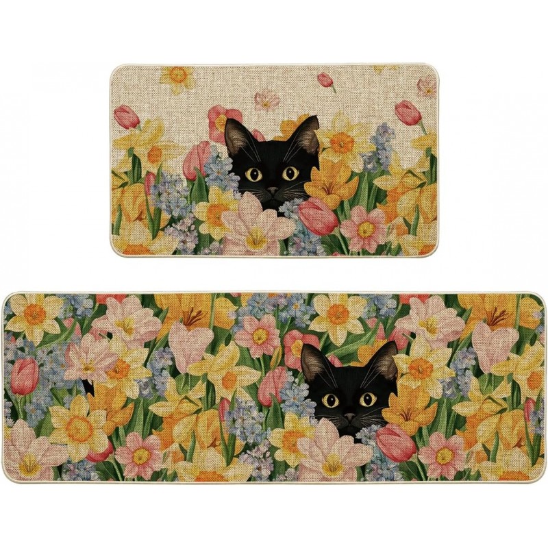 Artoid Mode Black Cat Floral Flowers Spring Kitchen Mats Set of 2, Home Decor Low-Profile Kitchen Rugs for Floor - 17x29 and 17x47 Inch