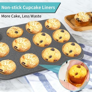 Baking Pans Set, 5 Piece Grey Marble Nonstick Bakeware with 100 Cupcake Liners – Stackable Carbon Steel Set for Small Kitchens, Apartments, Home Baking and Gifts