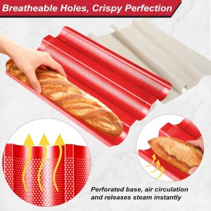 Baguette Bread Pan with Proofing Cloth, Nonstick Perforated French Bread Pan, 3-Wave Carbon Steel Baguette Tray for Baking Baguettes & Rolls, Included Dough Proofing Cloth, Red