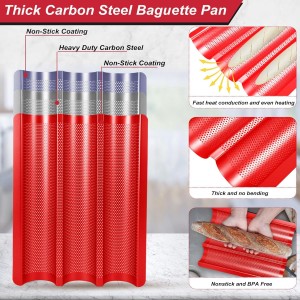 Baguette Bread Pan with Proofing Cloth, Nonstick Perforated French Bread Pan, 3-Wave Carbon Steel Baguette Tray for Baking Baguettes & Rolls, Included Dough Proofing Cloth, Red