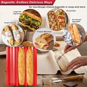 Baguette Bread Pan with Proofing Cloth, Nonstick Perforated French Bread Pan, 3-Wave Carbon Steel Baguette Tray for Baking Baguettes & Rolls, Included Dough Proofing Cloth, Red