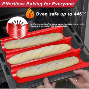 Baguette Bread Pan with Proofing Cloth, Nonstick Perforated French Bread Pan, 3-Wave Carbon Steel Baguette Tray for Baking Baguettes & Rolls, Included Dough Proofing Cloth, Red