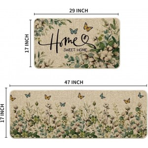 Artoid Mode Cotton Plant Leaf Butterfly Home Spring Kitchen Mats Set of 2, Home Decor Low-Profile Kitchen Rugs for Floor - 17x29 and 17x47 Inch