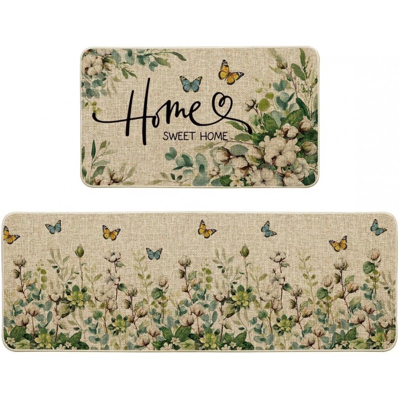 Artoid Mode Cotton Plant Leaf Butterfly Home Spring Kitchen Mats Set of 2, Home Decor Low-Profile Kitchen Rugs for Floor - 17x29 and 17x47 Inch