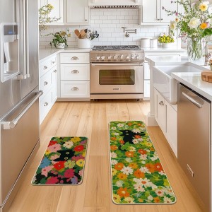 Artoid Mode Flowers Floral Black Cute Cat Spring Kitchen Mats Set of 2, Home Decor Low-Profile Kitchen Rugs for Floor - 17x29 and 17x47 Inch