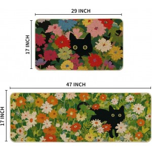 Artoid Mode Flowers Floral Black Cute Cat Spring Kitchen Mats Set of 2, Home Decor Low-Profile Kitchen Rugs for Floor - 17x29 and 17x47 Inch