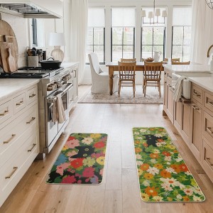 Artoid Mode Flowers Floral Black Cute Cat Spring Kitchen Mats Set of 2, Home Decor Low-Profile Kitchen Rugs for Floor - 17x29 and 17x47 Inch