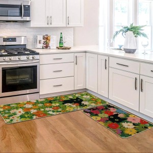 Artoid Mode Flowers Floral Black Cute Cat Spring Kitchen Mats Set of 2, Home Decor Low-Profile Kitchen Rugs for Floor - 17x29 and 17x47 Inch