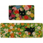 Artoid Mode Flowers Floral Black Cute Cat Spring Kitchen Mats Set of 2, Home Decor Low-Profile Kitchen Rugs for Floor - 17x29 and 17x47 Inch