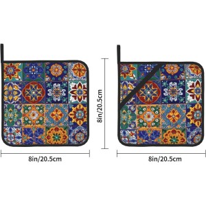 Boho Talavera Mexican Tiles Pot Holder Set of 2 Mandala Heat Resistant Potholders Oven Hot Pads for Kitchen Cooking Baking BBQ Holiday Decors