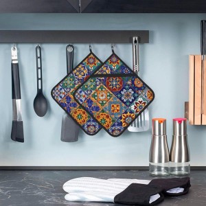 Boho Talavera Mexican Tiles Pot Holder Set of 2 Mandala Heat Resistant Potholders Oven Hot Pads for Kitchen Cooking Baking BBQ Holiday Decors