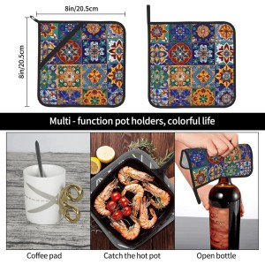 Boho Talavera Mexican Tiles Pot Holder Set of 2 Mandala Heat Resistant Potholders Oven Hot Pads for Kitchen Cooking Baking BBQ Holiday Decors