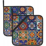 Boho Talavera Mexican Tiles Pot Holder Set of 2 Mandala Heat Resistant Potholders Oven Hot Pads for Kitchen Cooking Baking BBQ Holiday Decors