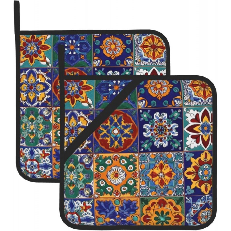 Boho Talavera Mexican Tiles Pot Holder Set of 2 Mandala Heat Resistant Potholders Oven Hot Pads for Kitchen Cooking Baking BBQ Holiday Decors