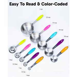 Dusico® Measuring Cups and Spoons Set of 10 - Stainless Steel Metal Measuring Cups Set for Cooking and Baking, Heavy Duty Stackable Measuring Set with Colorful Silicone Handles, Dishwasher Safe