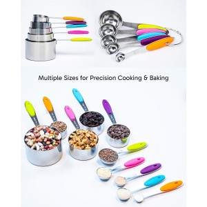 Dusico® Measuring Cups and Spoons Set of 10 - Stainless Steel Metal Measuring Cups Set for Cooking and Baking, Heavy Duty Stackable Measuring Set with Colorful Silicone Handles, Dishwasher Safe