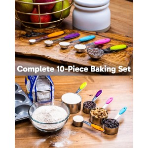 Dusico® Measuring Cups and Spoons Set of 10 - Stainless Steel Metal Measuring Cups Set for Cooking and Baking, Heavy Duty Stackable Measuring Set with Colorful Silicone Handles, Dishwasher Safe