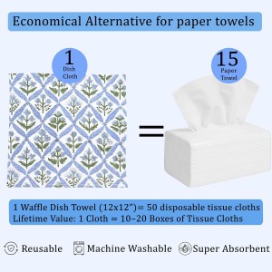 Ridhi Light Steel Blue Hand Block Print Cotton Waffle Dish Cloth Set of 6-12x12 Inch Super Absorbent, Soft, Reusable Kitchen Towels for Dish Drying Cleaning, Ideal for Spring, Easter, Valentine